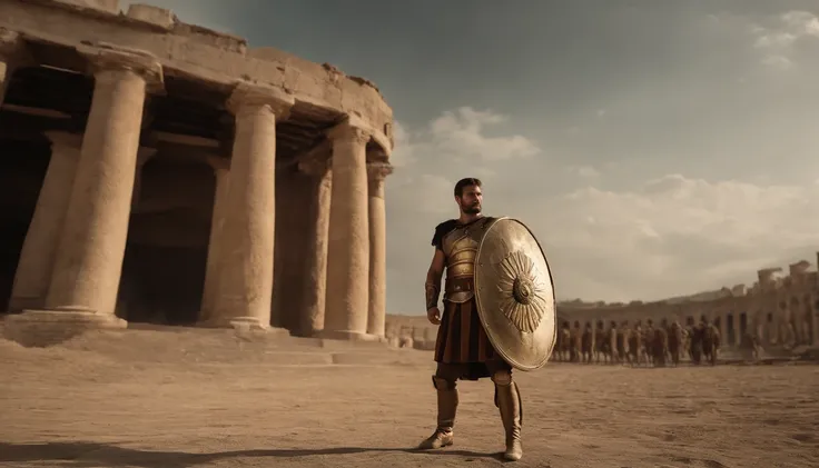 Roman soldier man in soldiers garb is standing in front of a Roman colossus, uma captura de tela inspirada em Alexander Fedosav, Dynamic Action Pose, Reddit, Massurrealismo, muito sexy masculino, em um coliseu, meio tiro de um hunky, gladiador romano, stro...