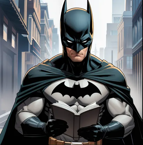 batman,grey bodysuit,utility belt,black cape,black gloves,superhero,holding,a book