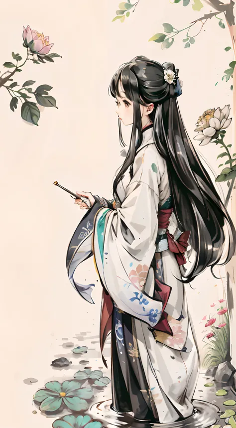 ((4K,Masterpiece,Best quality)), shuimobysim, 1girll，Solo，Delicate and perfect facial depiction，Traditional Chinese painting, Ink painting style，lotuses, Hanfu, maxikit, Long black hair, ssmile, standing on your feet, feet in water, The barefoot, （8k wallp...