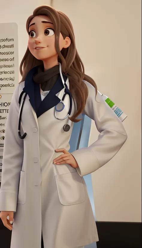 Uma mulher jovem, female doctor, magra de cabelos loiros e compridos, Light brown eyes with a white coat and a stethoscope hanging around his neck, Estilo disney