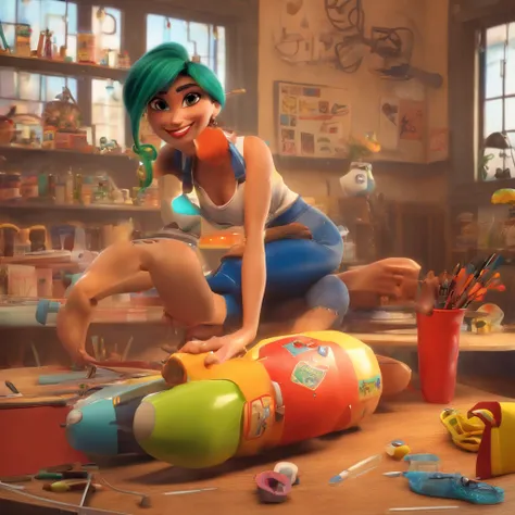 create a 3D movie poster inspired by Disney Pixar, The scene should be in Pixars signature digital art style, com uma imagem caricatural que lembra a cantora brasileira "Anita" in the prone position, Wearing a bikini while a tattoo artist is sitting tattoo...