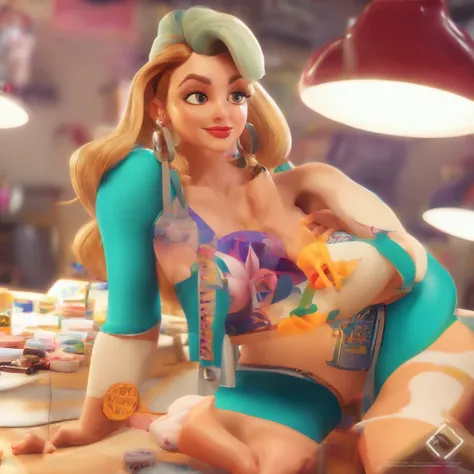 create a 3D movie poster inspired by Disney Pixar, The scene should be in Pixars signature digital art style, com uma imagem caricatural que lembra a cantora brasileira "Anita" in the prone position, Wearing a bikini while a tattoo artist is sitting tattoo...