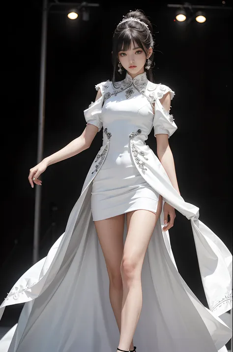 Fashion show, A female model walking on the catwalk, she wears white and black, silver embellishments, fashion statement, Mary Quant inspired outfit. Highly detailed.