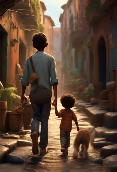 Um filme inspirado na Disney Pixar (MENINO BRANCO JOVEM COM CABELO LONGO CACHEADO PRETO) Hes walking down a street in a slum in The scene being in the distinctive art of the PIXAR style, descolada e estilosa