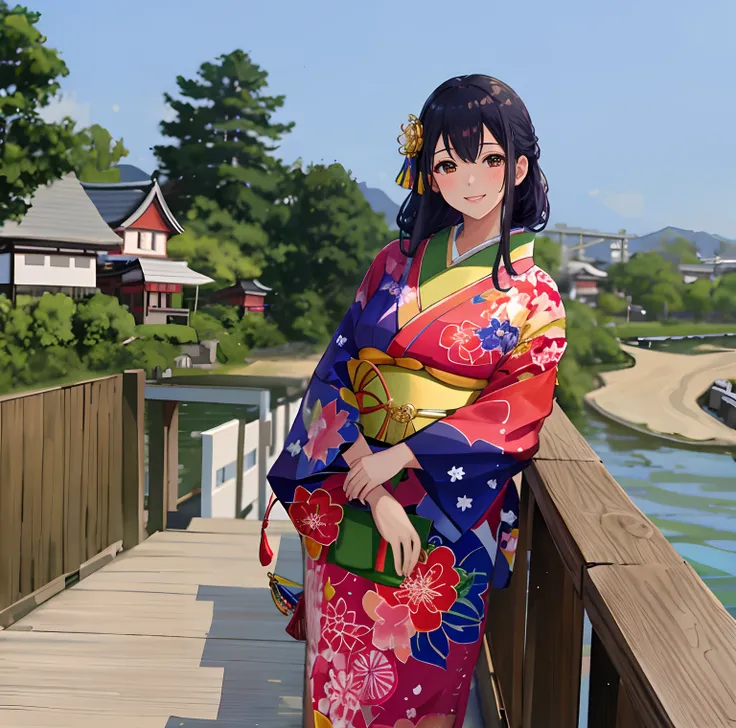 High quality, Ultra detailed, Masterpiece, Bright colors, Studio lighting, A woman in a kimono stands on a bridge near a body of water, wearing a colorful yukata, A smile