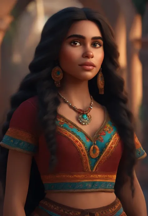 (Pixar style) A waist-high portrait of a Mexican girl with long hair, natural skin texture, 4K textures, HDR, intricate, highly detailed, sharp focus, hyper-detailed