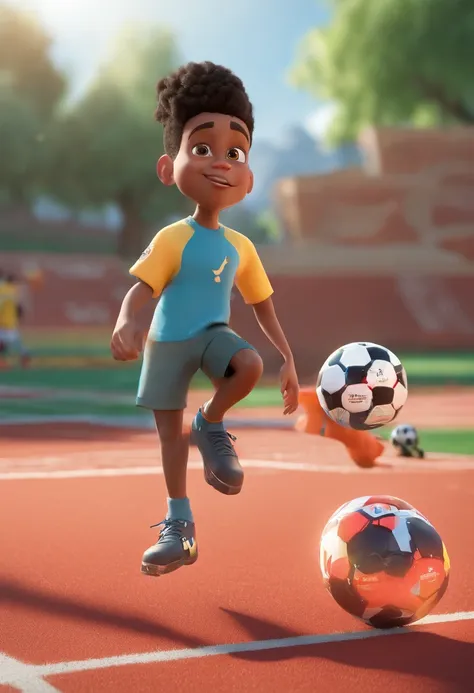 personagem disney pixar com as seguintes caracteristicas: menino de 3 anos, pele clara, cabelos cor castanhos-escuro cacheados em black power grande com cachos longos. Ele tem o rosto pequeno com olhos grandes, nariz largo e boca grande. Hes standing on a ...