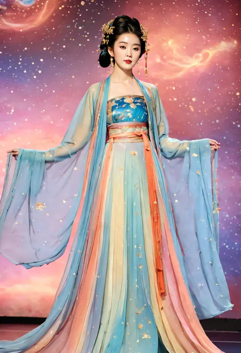 Colorful Galaxy catwalk，A Korean girl shows off her most beautiful hanfu fashion at a haute hanfu fashion show，International Superstar Model Show, Psychedelic stage，Ethereal atmosphere, (Anatomically correct, Delicate facial makeup , Pretty face, A perfect...