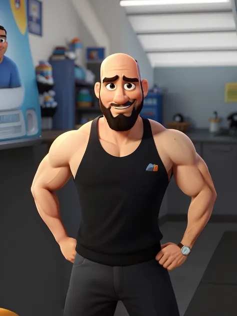 Poster no estilo Disney pixar, alta qualidade, melhor qualidade, homem sexy branco, 39 anos careca barba preta, musculoso, com fundo em uma academia