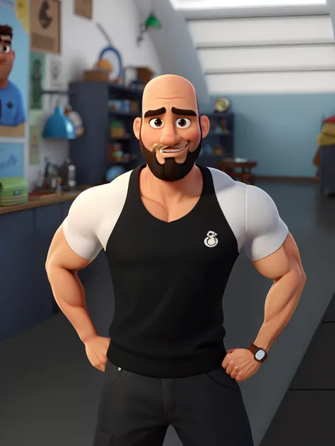 Poster no estilo Disney pixar, alta qualidade, melhor qualidade, homem sexy branco, 39 anos careca barba preta, musculoso, com fundo em uma academia