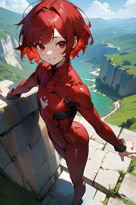 White anime girl, short red hair, red eyes, red suit covering the entire body, small chest, face smiling, standing in the edge of a precipice, sunny day, view of the girl slightly from above.