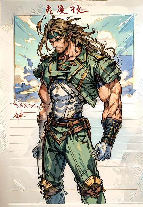 A middle-aged man, dark green long hair, wildly disheveled and exaggerated hairstyle, a headband, no eyebrows, a stern gaze, a well-defined facial structure, a tall and muscular physique, a fantasy-realistic style outfit, only a half-length windbreaker coa...