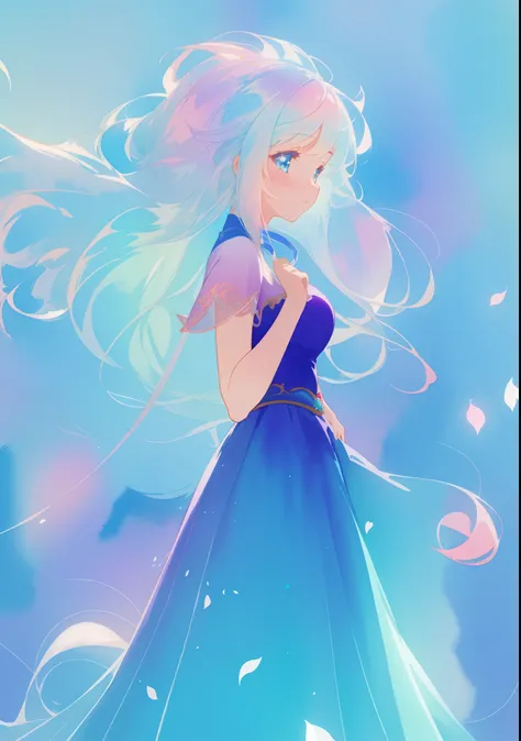 beautiful girl in gradient blue flowing ballgown, colorful pastel color hair, fantasia watercolor background, watercolor illustration, masterpiece, best quality, sharp focus, 8k resolution, high resolution, intricate details, highly detailed, whimsical, ma...