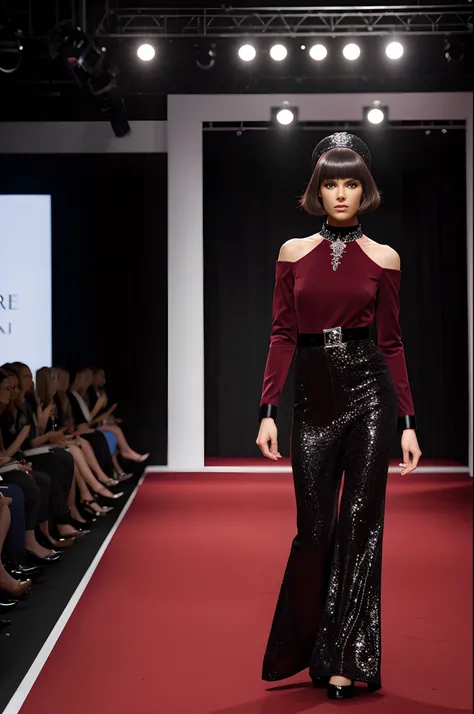 Fashion show, A female model walking on the catwalk, she wears burgundy and black, silver embellishments, fashion statement, Mary Quant inspired outfit. Highly detailed.