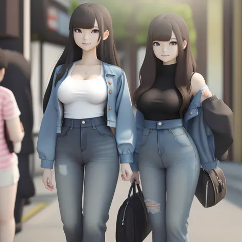 3d anime asian girl, black hair, slimmest waist, denim jacket covering breasts, brown jeans