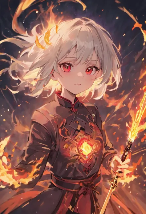 (best quality,4k,highres,masterpiece:1.2),ultra-detailed,(realistic:1.37),beautiful girl,23 years old,white hair,red eyes,beautiful face,evil fire skill,demonic Japanese sword