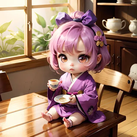 Cute Baby Chibi Anime, Purple and pink kimono, Sit in a teacup