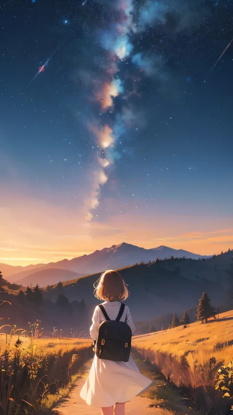 {{{masterpiece}}, {{{best quality}, {{ultra-detailed}}, {illustration}, {{an extremely delicate and beautiful}}, beautiful milky way, night sky, wide sky, mysterious, deep sky, falling sky, traveling girl, rucksack, back view, girl looking at night sky, In...