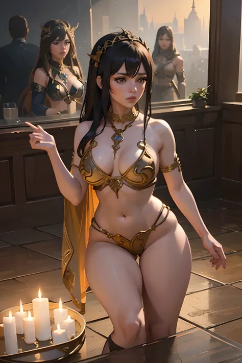 Princess jenna ortega with bronze filigree on her bikini, Beautiful D&D Character Portrait, Dark Fantasy, Detailed, Realistic Face, Digital Portrait, Intricate Armor, Fiverr Dnd Character, Wlop, Stanley Artgerm Lau, Ilya Kuvshinov, Artstation, Hd, Octane R...