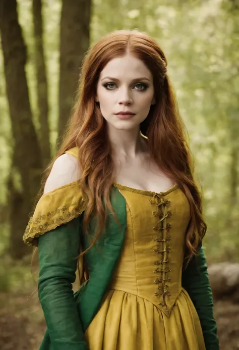 Avril Lavigne in medieval clothes, yellow and green dress,