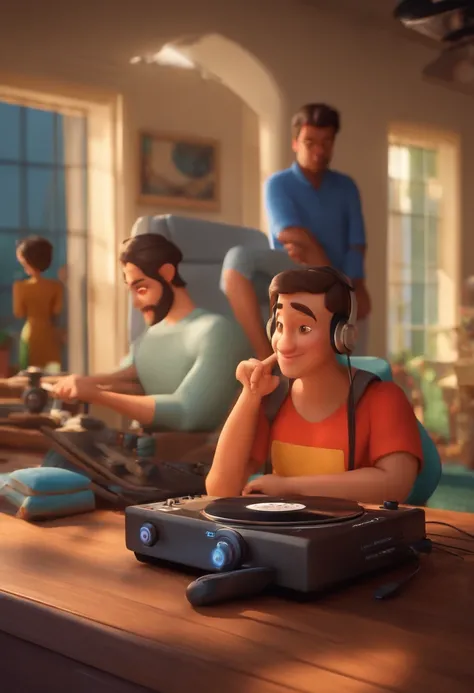 um homem, em breve, barba curta, olhos castanhos, com fones de ouvido, A music studio in the background, Imagem no estilo Pixar, Estilo de filme animado 3D, Disney, camiseta preta