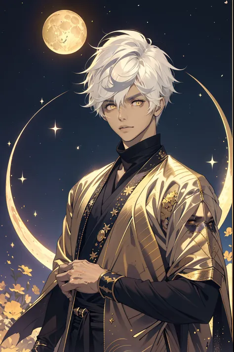 masterpiece, best quality, high quality, 1boy, solo, male focus, looking at viewer, upper body, gabimaru, white hair, yellow eyes, shiny moon, halloween theme, fancy clothes, hyperrealist sky, universe background