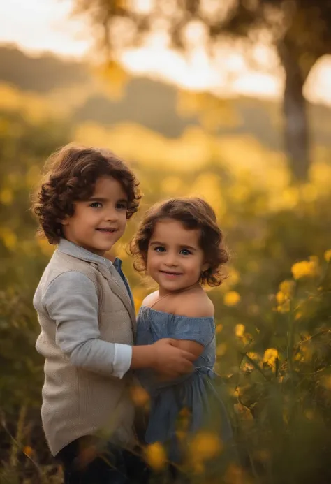 menino: Miguel, aproximadamente 5 anos de idade, cabelo curto estilo Disney, olhos castanhos e sorrisos. garota: Giovana, 2 anos, longos cabelos pretos e olhos azuis. scenecy: Miguel and Giovana are in a cozy little house in the valley, ao fundo um dia ens...