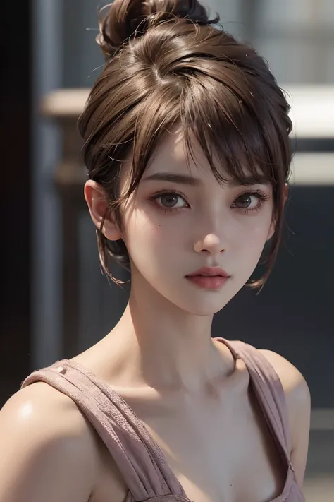 a 20 yo woman、Brown hair、(hi-top fade:1.3)、dark themed、Muted Tones、Subdued Color、highly contrast、(natural skin textures、Hyper-Realism、Soft light、sharp)、pink clothing