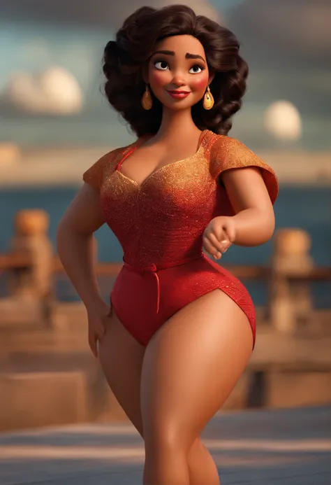 Imagem estilo Pixar com personagem 3D mulher morena  gorda, cabelo cacheado curto vermelho escuro, Dancing, Maquiagem Disney,Pescador, bonitinho, sorridente ,Close-up, Pixar, Disney, Cinema lighting,