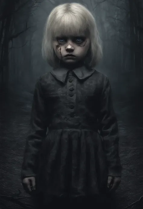 little blondie girl, Scottish fold cat),(Horror),(Nightmare),(bestquality,4k,8k,highres,masterpiece:1.2),(ultra-detailed),(realistic,photorealistic,photo-realistic:1.37),portraits,landscape,gothicstyle,darkcolors,dimlighting