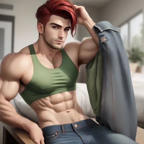 Homem moreno, musculoso, cabelos cacheados, Gray eyes in a green tank top and jeans