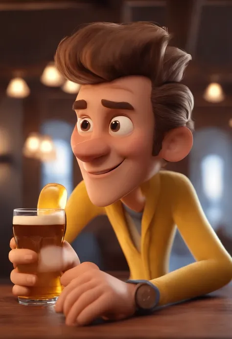 personagem dos desenhos animados de um homem sem cabelo e uma camisa amarela tomando cervejas , animation character, Caractere estilizado, animation style rendering, 3D estilizado, Arnold Maya render, 3 d render stylized, toon render keyshot, Personagem 3D...