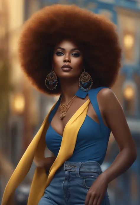 Corpo da mulher gorda, Pele morena,  cabelo curto vermelho afro, Cropped  amarelo " sobre ele e jeans ,e , Hearts in shades of blue and blue, ouros, pearling, illustration, 3D-rendering, fotografia, Realistic, olhos negros, anime, fotografia, moda, Tipogra...