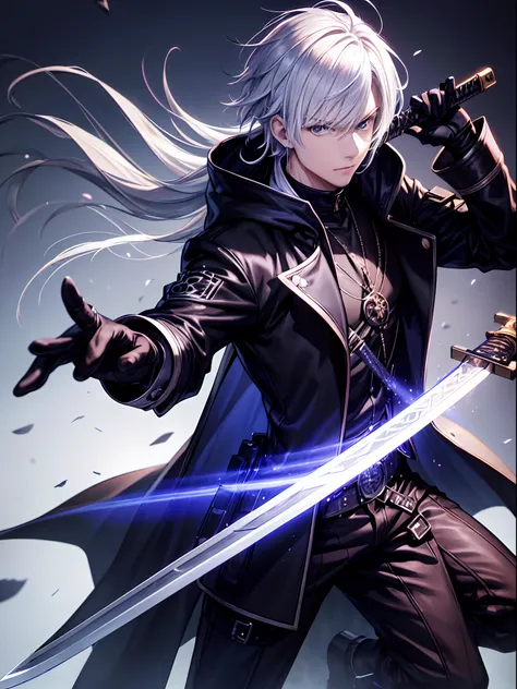 (best quality,4k,highres),anime style,white-haired,cool boy, wearing black hoodie coat, night steampunk city, holding katana sword, holding revolver gun, ultra-detailed, realistic, vivid colors, sharp focus,physically-based rendering, concept artists, stud...