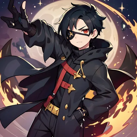 solo, 1boy, pokemon guy with black hair, bangs, white eyepatch, chuunibyou, darkness flame dragon, black cloak