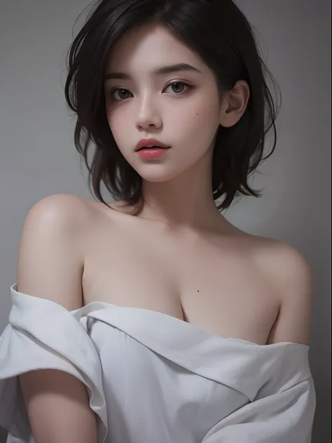 Best quality, masterpiece, ultra high res, (photorealistic:1.5), raw photo, 1girl, offshoulder, in the dark, deep shadow, low key, cold light, sexy look, short hair