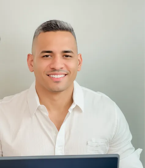 Smiling man in white shirt sitting in front of a laptop computer, andres rios, Joel Torres, Cristiano Orrillo, Retrato de Danny Gonzalez, andrew gonzalez, José Moncada, Brian Pulido, foto de perfil profissional, david rios ferreira, imagem profissional, he...