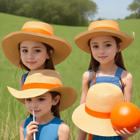 Arafed girl in a straw hat holding a plastic ball and orange, wearing a cowboy hat, She is wearing a hat, wearing cowboy hat, wearing a cute hat, with straw hat, with hat, wearing straw hat, vaqueira, 2 anos, wearing a silly hat, wearing a hat, quatro anos...