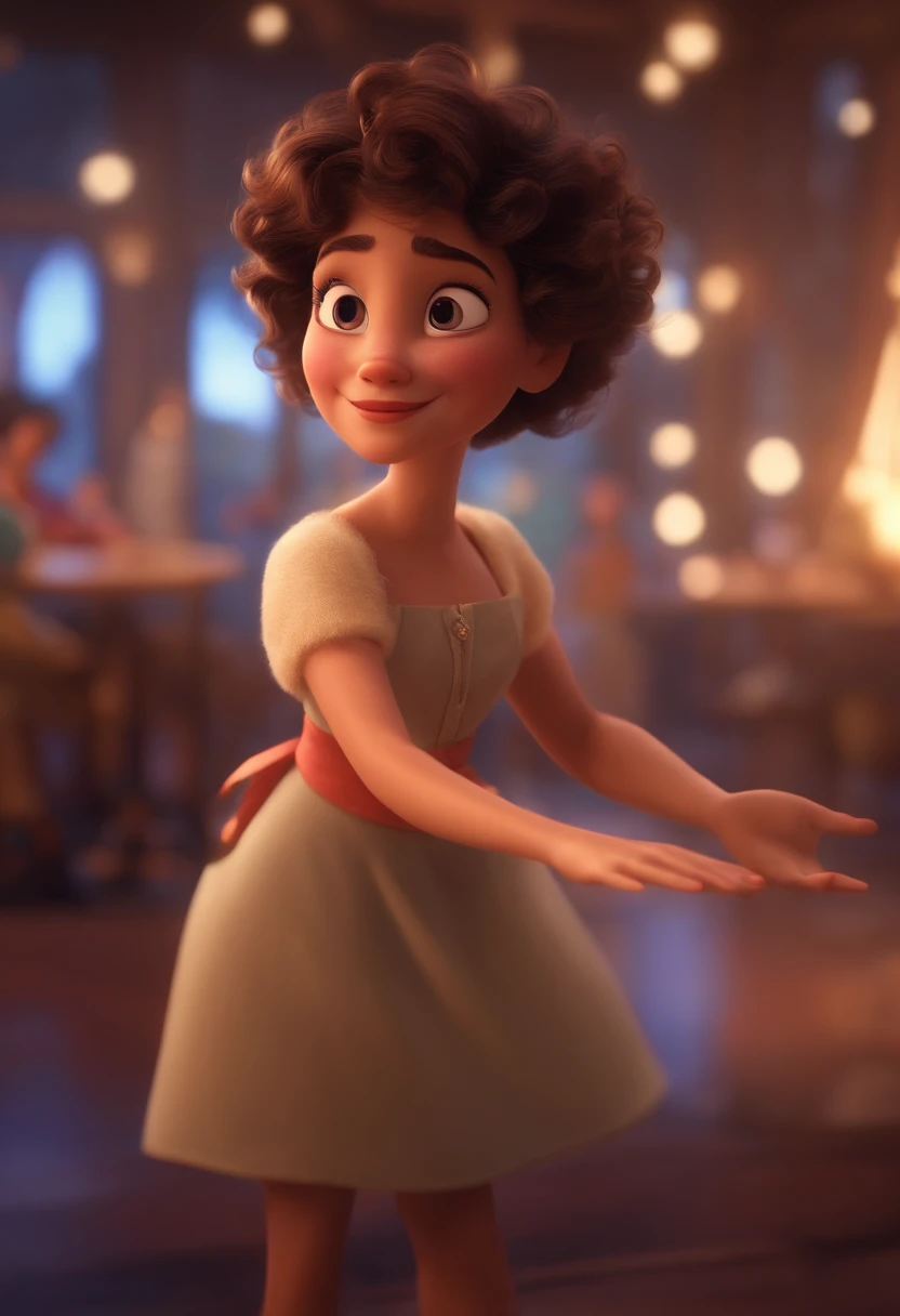 Pixar style image with 3D character white glasses brunette woman short curly hair dancing, Maquiagem Disney,Pescador, bonitinho, sorridente ,Close-up, Pixar, Disney, Cinema lighting,