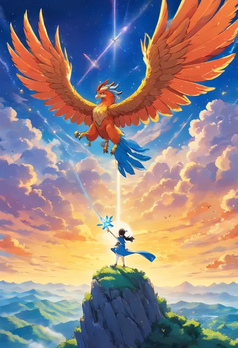 Ikki dos cavaleiros do zodiaco de fenix soltando um ave fenix de cima da montanha alta qualidade