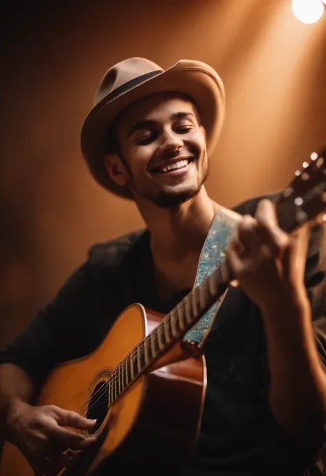 Young man smiling while playing guitar