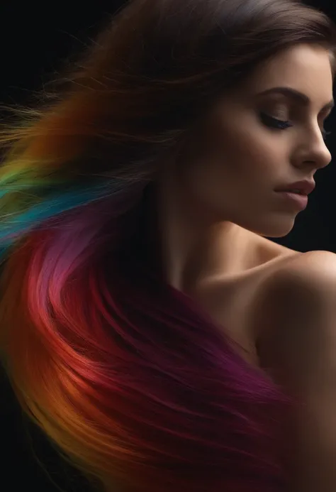 cabelos multicoloridos, fita de cabelo, Surrealismo, Cinematic lighting, Close-up, UHD, Detalhes altos, master part