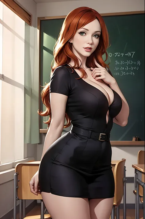 Christina Hendricks, very long hair, in classroom, realistic, teacher outfit, blackboard in background, detailed, studio lighting, realistic shadows, sexy pose, small breasts,