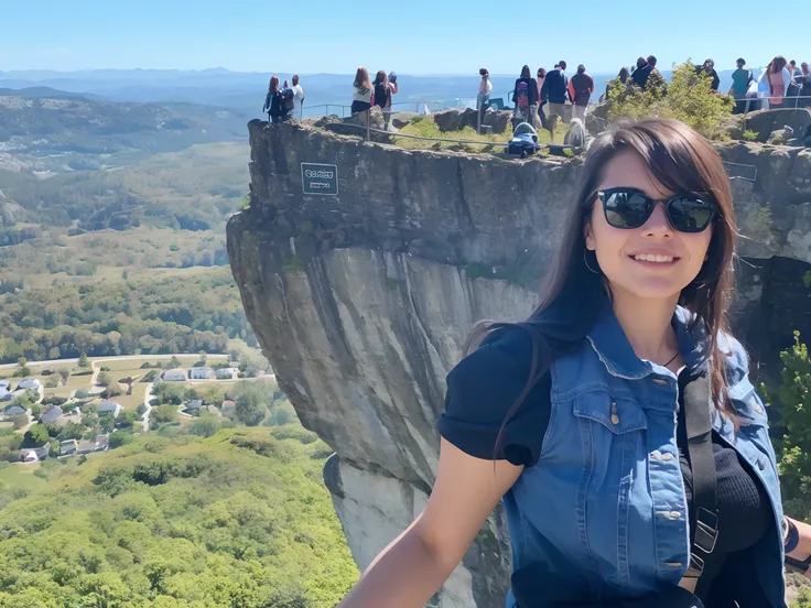 woman standing on a cliff with a view of a valley and a city, standing in front of a mountain, standing on a cliffside, girl standing on cliff, standing on a cliff, standing on top of a mountain, at the top of a mountain, standing on the edge of a cliff, w...