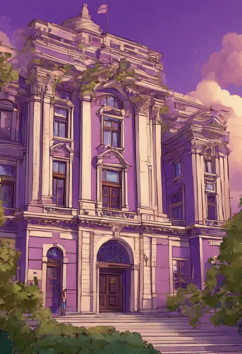 college building, School facade written "inteli", digital art, buildings and trees around, 3d drawing, pixar disney, animation, illustrated city color, shades of purple, Pixel Art, high quality