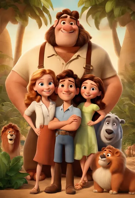 a Disney Pixar movie poster showing a white-skinned family. The father is the tallest, Tem barba curta, loiro, cabelos curtos e espinhosos. The mother has brown eyes and hair, shoulder-length and is slightly overweight. A menina tem 4 anos e cabelos castan...