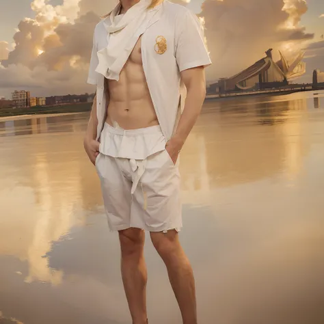 ((masterpiece, best quality)), Lucifer the fallen angel, very handsome, blond and medium hair, thin, huge and beautiful wings on his back, wearing white clothes, spiteful expression, looking at the viewer, golden clouds in the background
 INFO