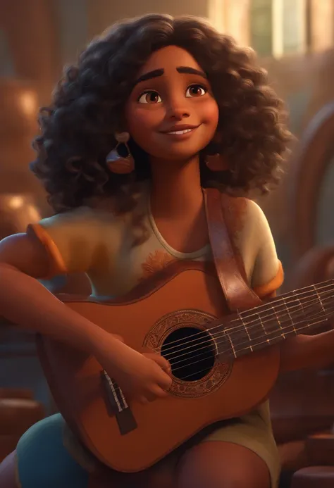 crie um banner no estilo Pixar. A girl with Indian features, morena pardo com cabelos curtos, Castanhos escuros, Curly and slightly grayish appearance, usando uma camiseta, Wearing jeans and holding a classical guitar with 7 strings.