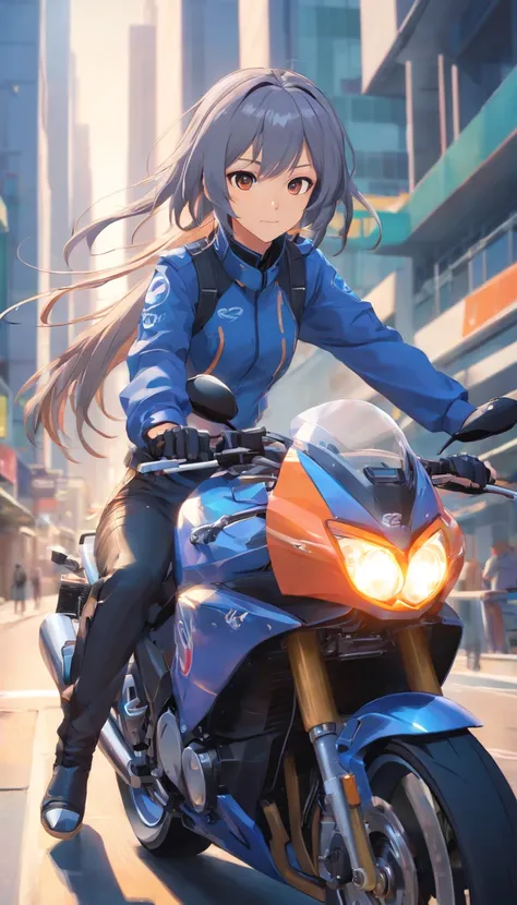 best qualtiy， tmasterpiece， 超A high resolution， realisticlying， 1 girl，（Long grey hair），Iris heterochromic pupil，（ssmile）（Riding a race motorcycle），（Ride Kits），Motorcycle Trucks，wide angles