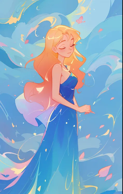 beautiful girl in flowing blue gradient dress, long wavy flowing gold hair, swirling liquid lines background, watercolor illustration, inspired by Glen Keane, inspired by Lois van Baarle, disney art style, by Lois van Baarle, glowing aura around her, by Gl...